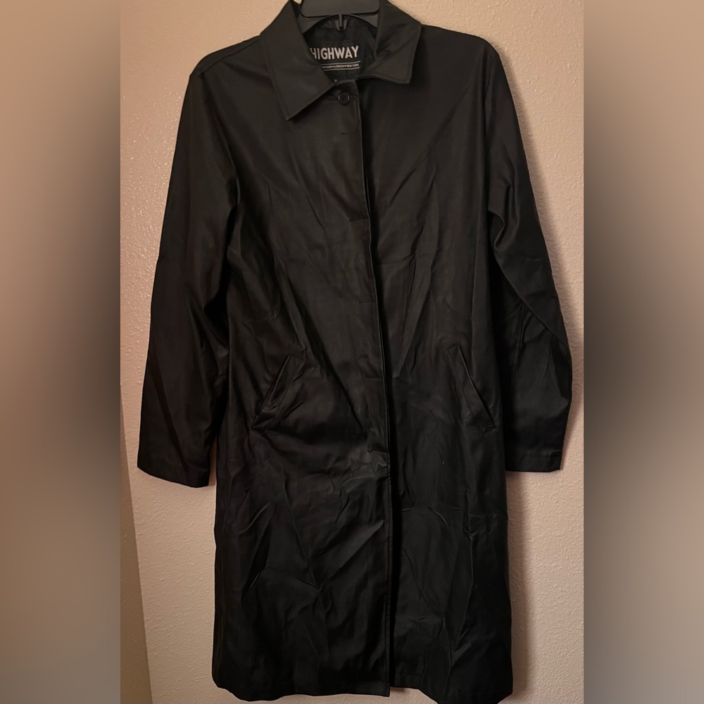 HIGHWAY Vintage Long Trench Jacket Leather Polyurethane Black Women's Size M
